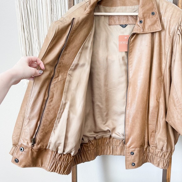 Tan Leather Bomber Jacket - Picture 6 of 10